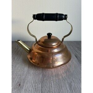 Vintage Copper Tea Pot Kettle 6" diameter Wood And Brass Handle